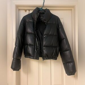 XS Black Faux Leather cropped Puffer
